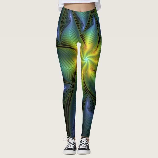 Legging Abstrato Star, Ouro Verde brilhante Arte Fractal (Frente)