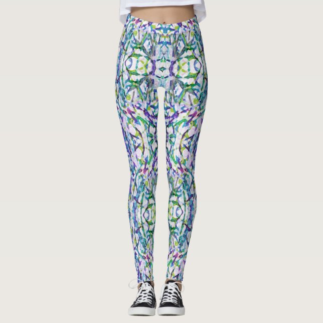 Legging Abstrato Trippy em roxo, azul, verde em branco (Frente)
