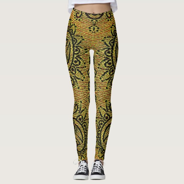 Legging Abstrato Verde, padrão amarelo de Paisley (Frente)