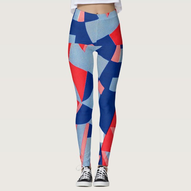 Legging abstrato vermelho branco e impressão azul nº 1 (Frente)