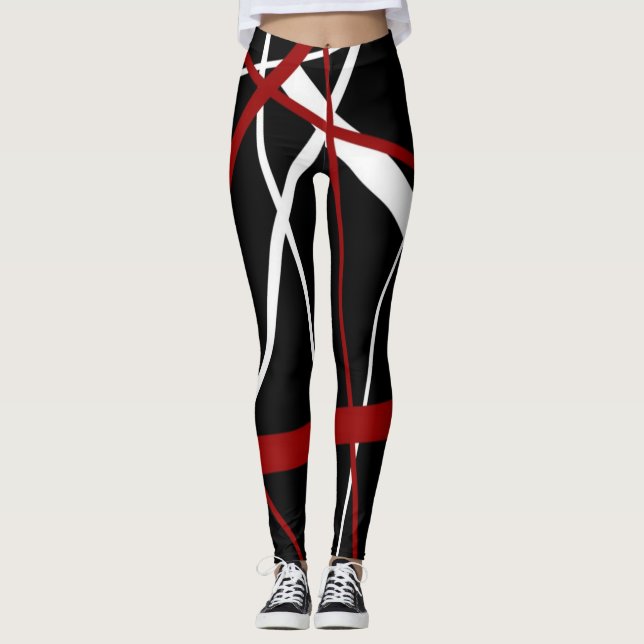 Legging Abstrato Vermelho sem costura e linhas brancas em  (Frente)
