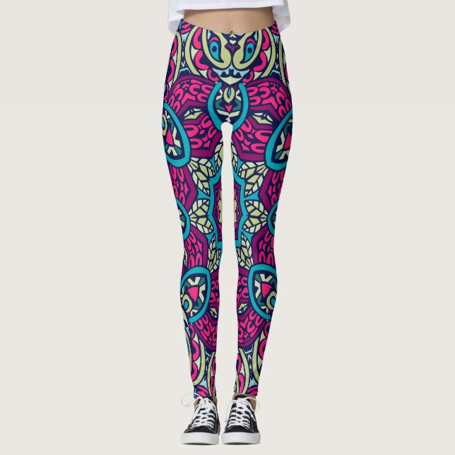 Legging Adoráveis Estilo Boêmico Brilhante Rosa E Verde (Frente)