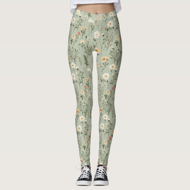 Legging Adoráveis Flores de Prados em Verde (Frente)