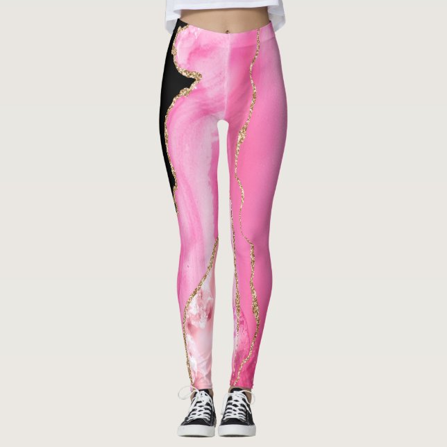 Legging Agate Marble Glitter Rosa Preto Dourado (Frente)