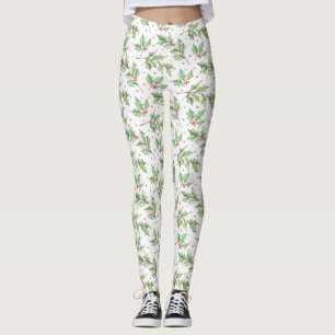 Legging Água-forte de Natal Vermelho Verde Azevinh