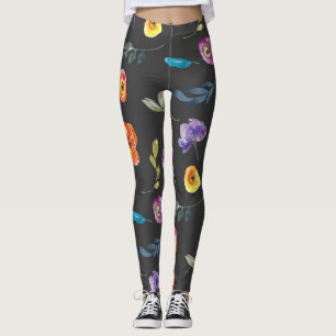 Legging Aguarela floral do verão no fundo preto