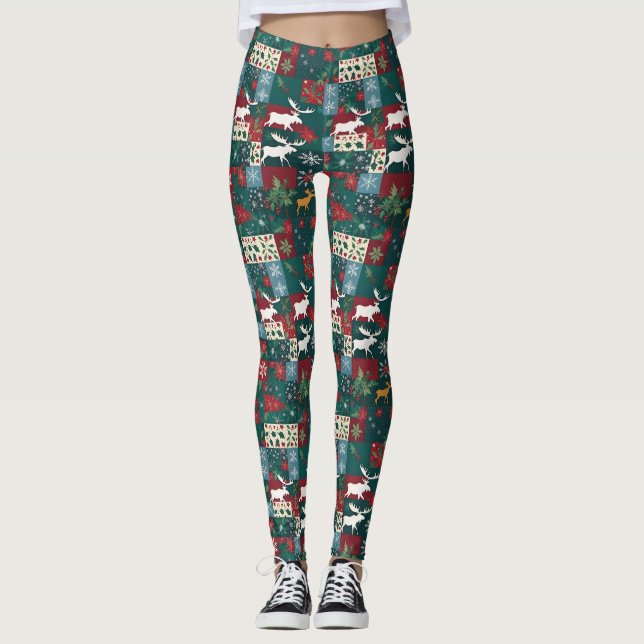 Legging Alce de Natal Floral Patchwork de Férias (Frente)
