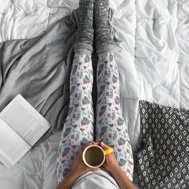 Legging Aldeia rosa-branca e árvore automóvel retrógrada (Cute Pink Village & Car Tree Retro Christmas Leggings)