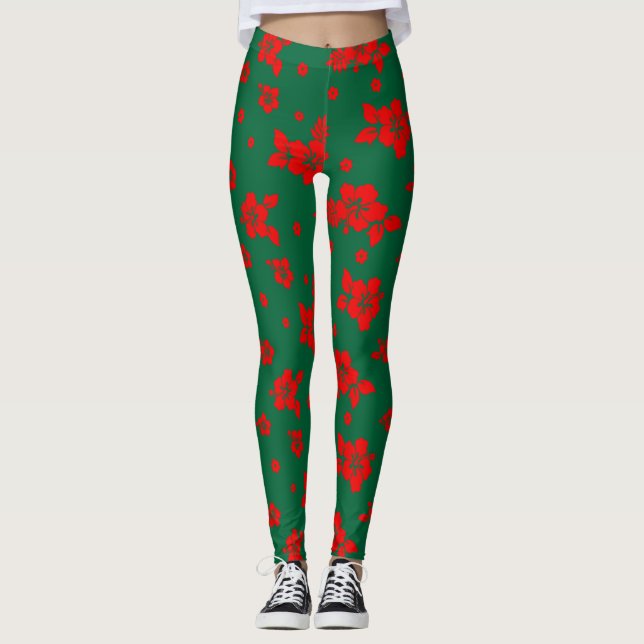 Legging Aloha Hawaii Red sobre Padrão Verde de Natal (Frente)