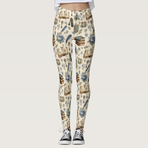Legging Amante de Livros Antigos Padrão Floral Botânico