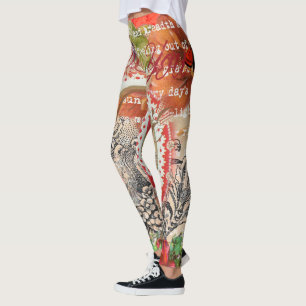 Legging Amar Pássaros Coração Colagem de Arte Vermelha