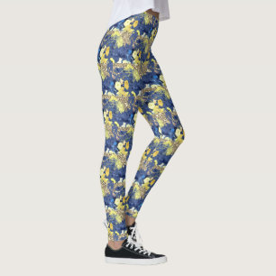 Legging Amarelo Azul Floral Dourado Brilho Vintage Fofa Fe