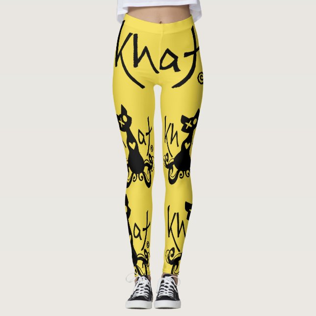 Legging AMARELO das caneleiras do logotipo de Khat (Frente)