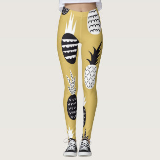 Legging Ananás brancos, pretos, fundo amarelo