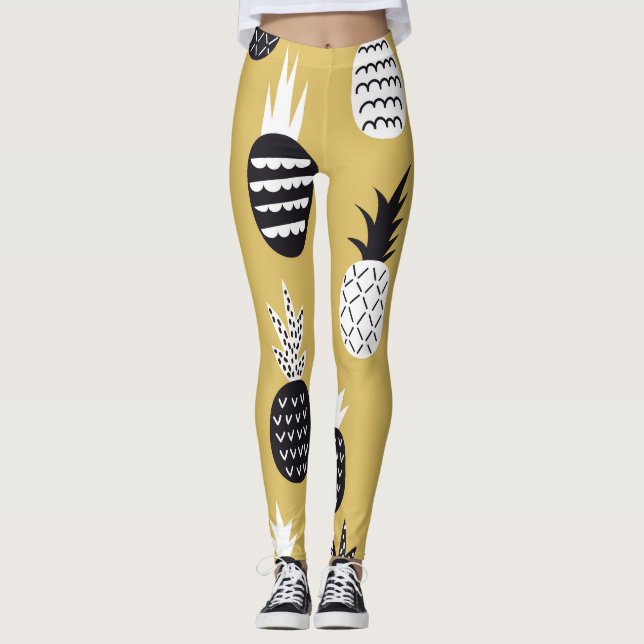 Legging Ananás brancos, pretos, fundo amarelo (Frente)