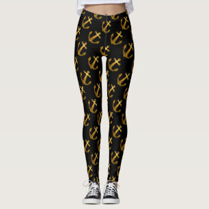 Legging Âncora de verão com brilho falso dourado em preto