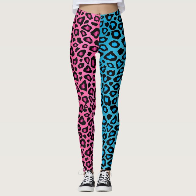 Legging Animais-leopardo, cor-de-rosa e azuis   (Frente)