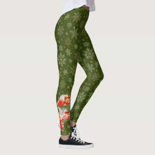 Legging Anjos Decorando Flocos de Neve Dourados Verde