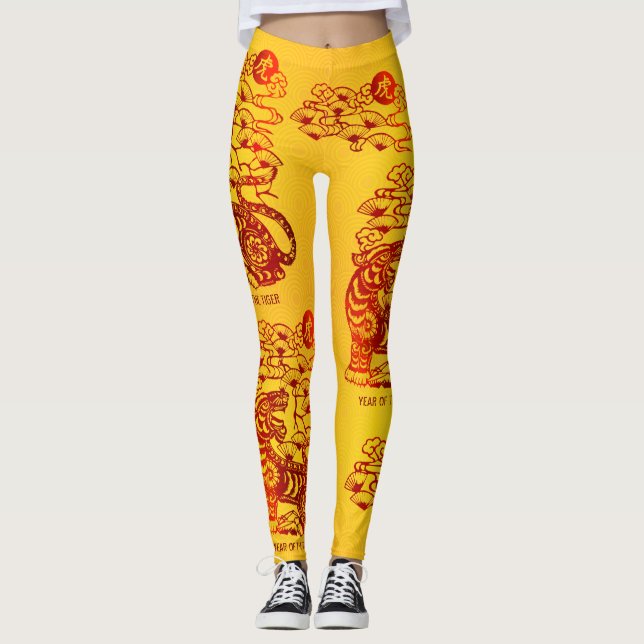 Legging Ano Novo Chinês Lunar, Amarelo Vermelho Tigre (Frente)
