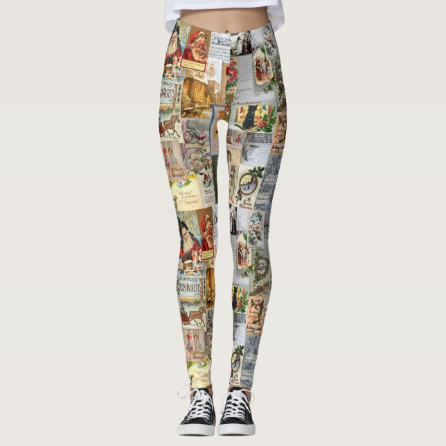 Legging Antiguidade Vitorina de Natal Ephemera Collage Art (Frente)