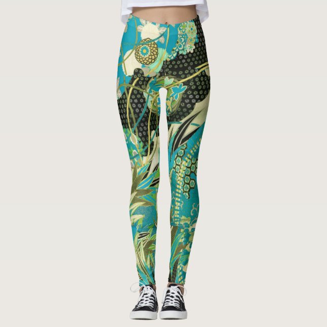 Legging ANTIQUE FLORES JAPONESAS Aqua Azul Floral Verde (Frente)
