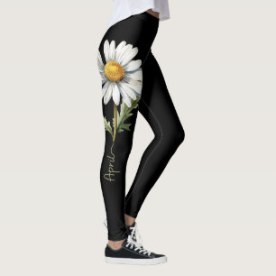 Legging April Birth Flower, margarida branca em preto