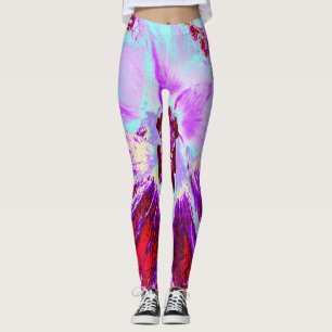 Legging Aqua tropical abstrato e flor de hibisco roxa