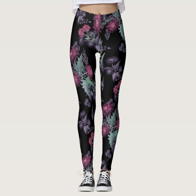 Legging Aquarela Chrysanthemum flores impressão de tinta f (Frente)