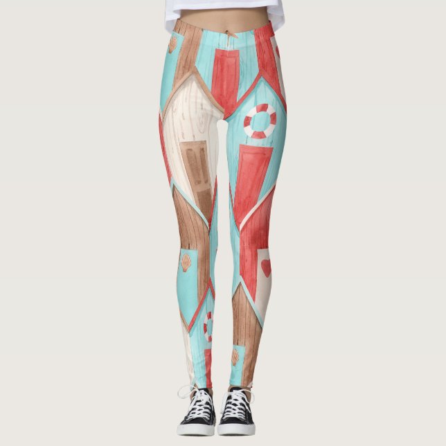 Legging Aquarela da casa de praia: padrão retrô. (Frente)