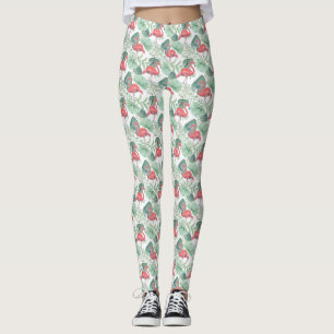 Legging Aquarela Inflamingos e folhas cor-de-rosa.