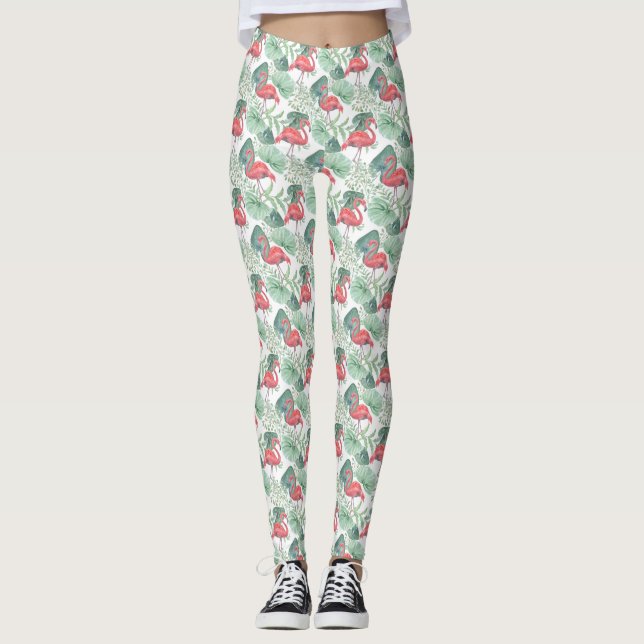 Legging Aquarela Inflamingos e folhas cor-de-rosa. (Frente)