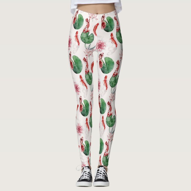 Legging Aquarela Japonesa Art Koi Fish Lotus Lily Pad (Frente)