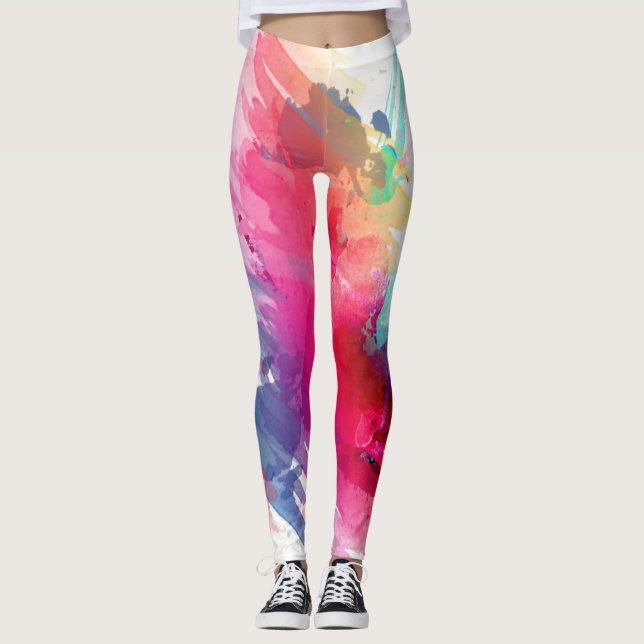 Legging Aquarela Óleo Pintura Arco-íris cores canvas Pince (Frente)