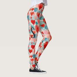 Legging Aquarela, vermelha, rosa, corações azuis, monogram