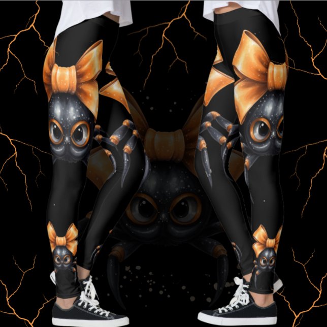Legging Aranha Negra Bonita do Halloween com Arco Laranja (Cute spider with orange bow leggings for you haunted Halloween trick or treating.  Casual costumes. )