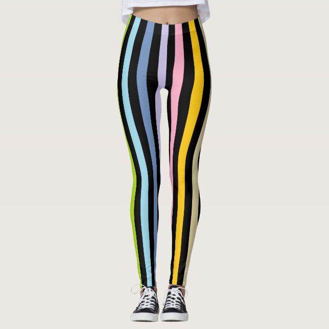 Legging Arco-íris Pastel vertical e listras pretas (Frente)