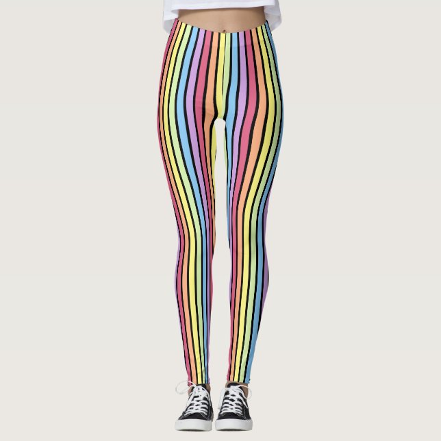 Legging Arco-íris Vertical Stripes Pastel Preto (Frente)