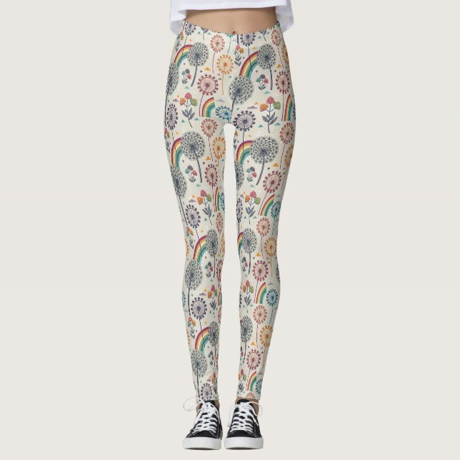 Legging Arco-Íris Whimsical e Dandelions Botânicos (Frente)