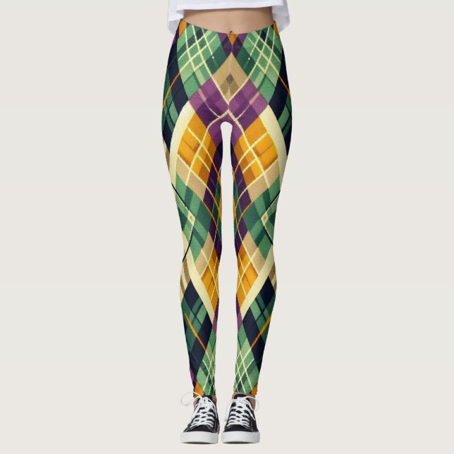 Legging Argyle Mardi Gras verde-roxo amarelo (Frente)