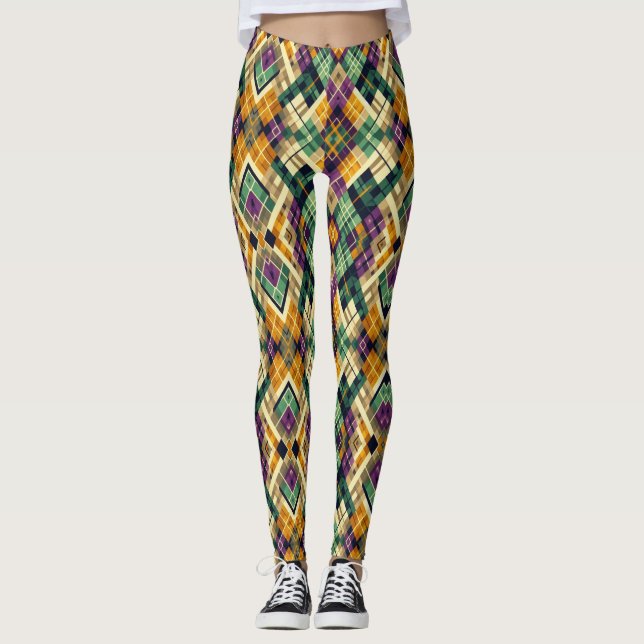 Legging Argyle Mardi Gras verde-roxo amarelo (Frente)