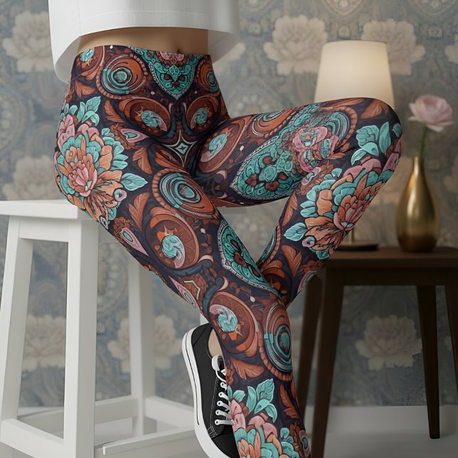 Legging Aria Grace Radiant Paisley Peony Boho Vintage (Pose 4 – Seated Confidence on the Stool)