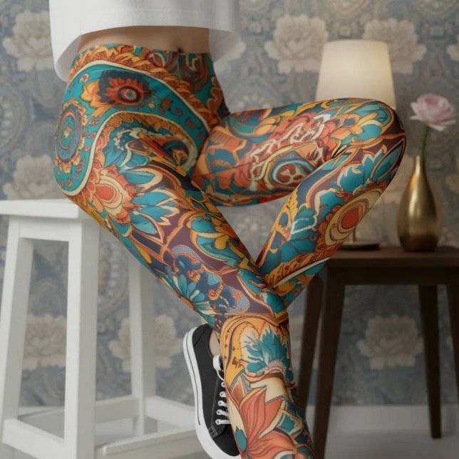Legging Aria Grace Vibrant Turquoise Mustard Paisley (Pose 4 – Seated Confidence on th)