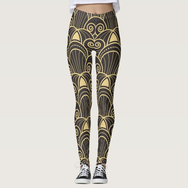 Legging Art Deco: Azulejos Geométricos Ouros. (Frente)