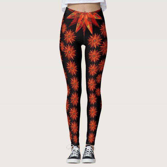 Legging Art Deco Christmas Red Poinsettia on Black (Frente)