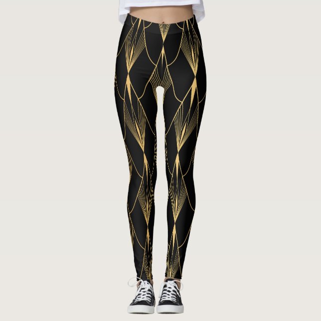 Legging Art Deco: Dourado Luxo sem costura preto (Frente)