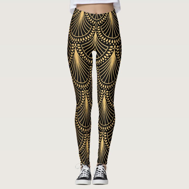 Legging Art Deco, ouro negro, padrão sem costura. (Frente)
