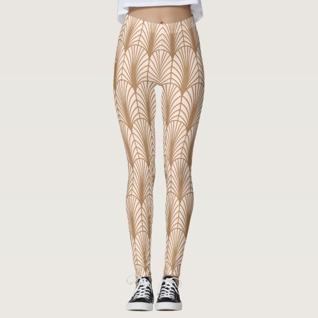 Legging Art Deco Rosa: Penas de Peacock Ouro (Frente)
