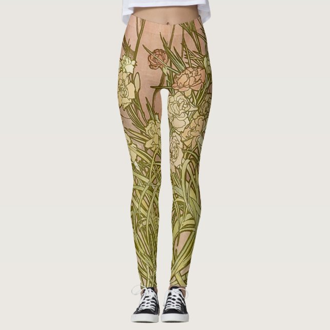 Legging Art Nouveau Alfonse Mucha Flores de cravo florais (Frente)