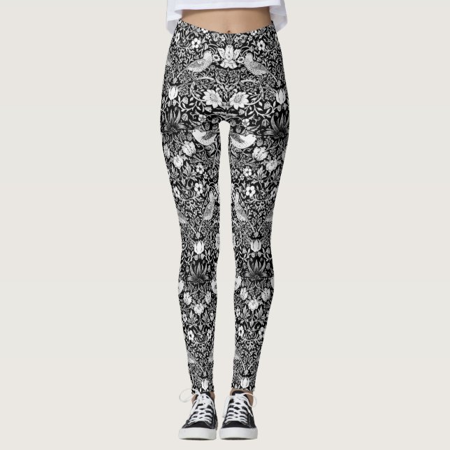 Legging Art Nouveau Pássaro e Flor, Preto e Branco (Frente)