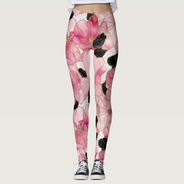 Legging Arte Abstrata de Tinta Alcoólica Rosa e Preta (Frente)